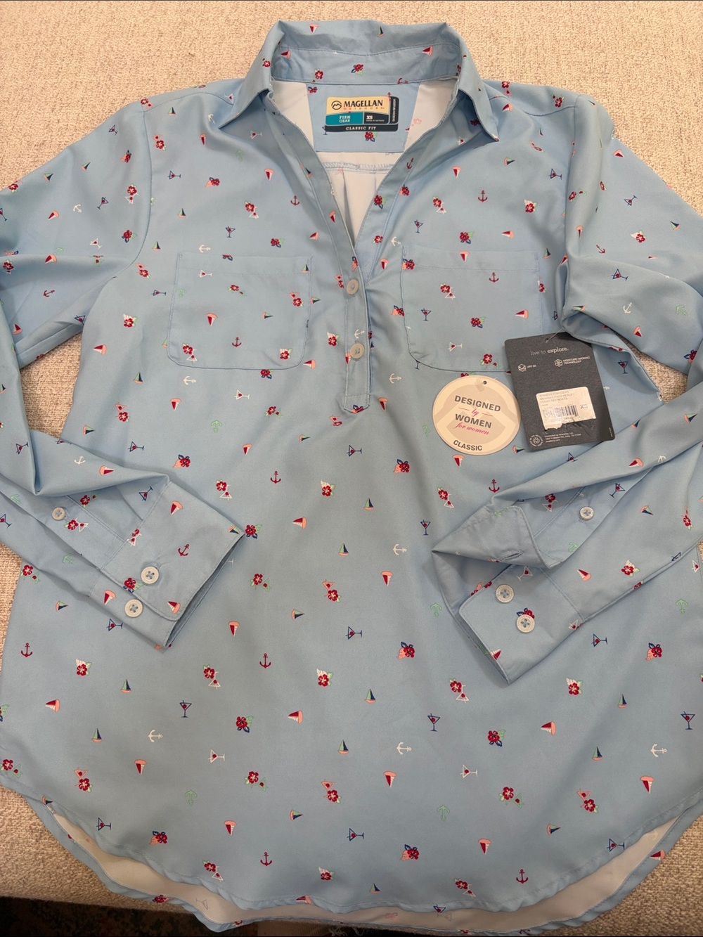 Magellan Outdoors Light Blue Nautical Print Button-Down Shirt